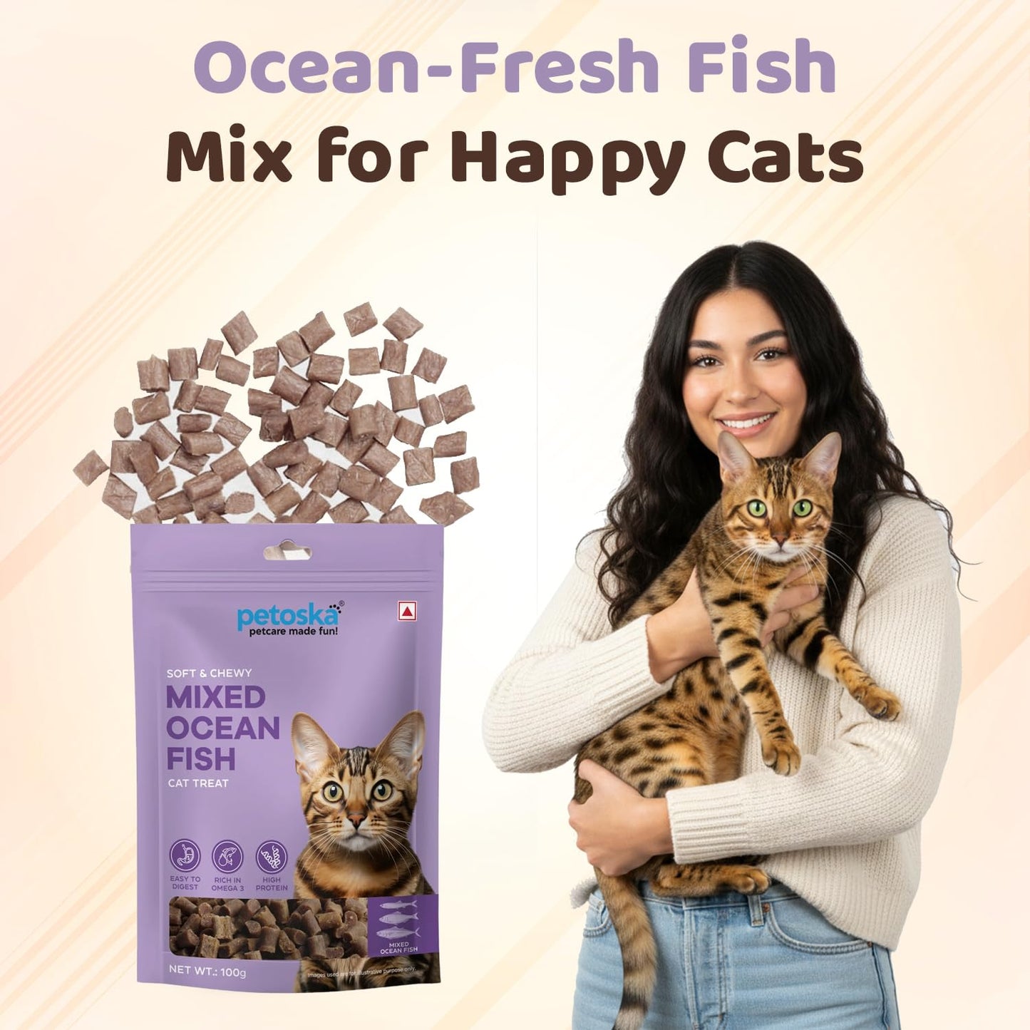 Petoska Mixed Ocean Fish Cat Treats – 100g | Air-Dried Sardine, Mackerel & Anchovy Bites with Taurine & Omega-3 | Chewy | High-Protein Digestion & Reproductive Support| Kittens & Adult Cats