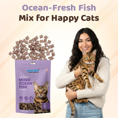 Petoska Mixed Ocean Fish Cat Treats – 100g | Air-Dried Sardine, Mackerel & Anchovy Bites with Taurine & Omega-3 | Chewy | High-Protein Digestion & Reproductive Support| Kittens & Adult Cats