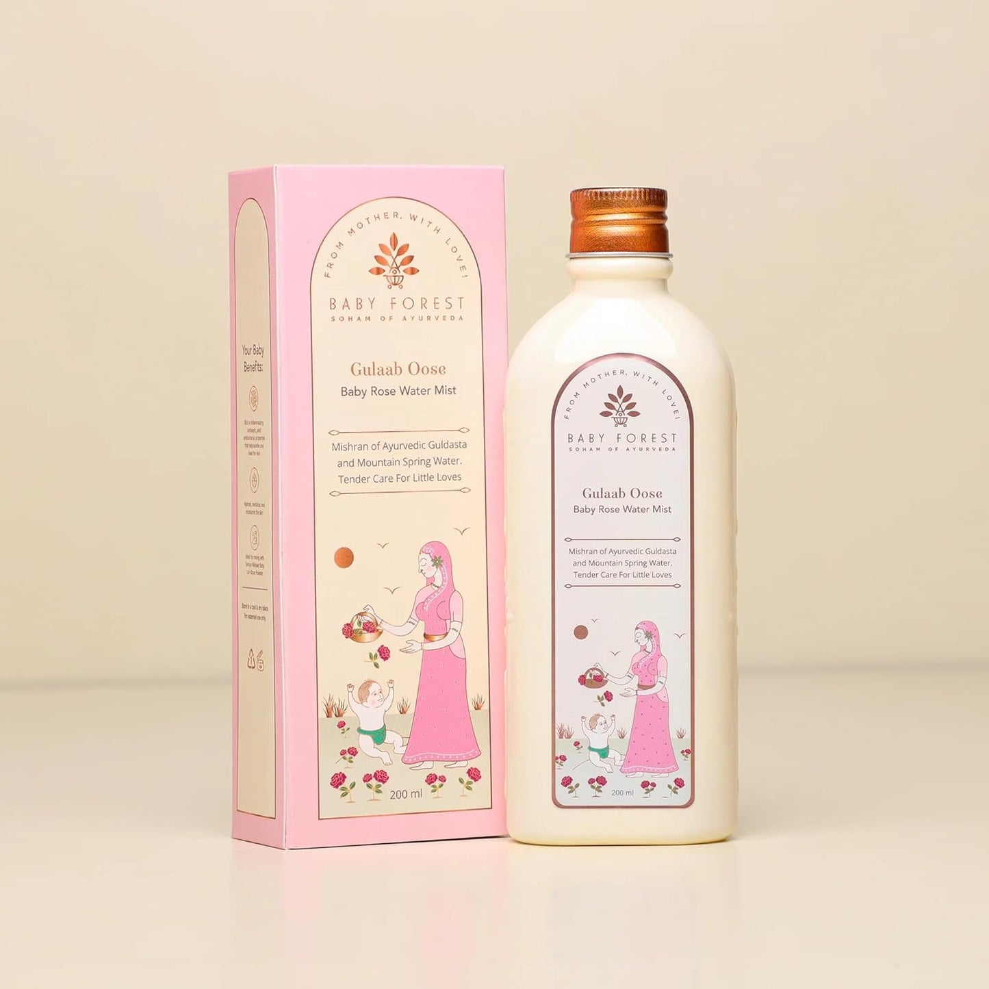 Baby Forest Gulab Dosa bottle and packaging on a beige background