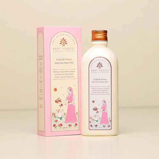 Baby Forest Gulab Dosa bottle and packaging on a beige background