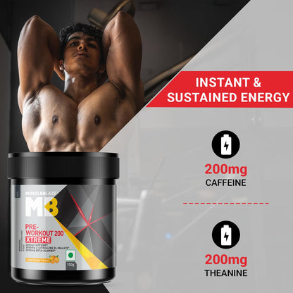 MuscleBlaze Pre Workout 200 Xtreme (Tangy Orange, 15 Servings, 100g) | 200mg Caffeine, 200mg Theanine, 2000mg Beta Alanine, 3000mg Citrulline
