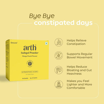 Arth Isabgol Powder | Psyllium Husk with Inulin & Curcumin | Fiber for Constipation relief & Bloating | Mango Peach Flavour | 6g x 20 Sachets