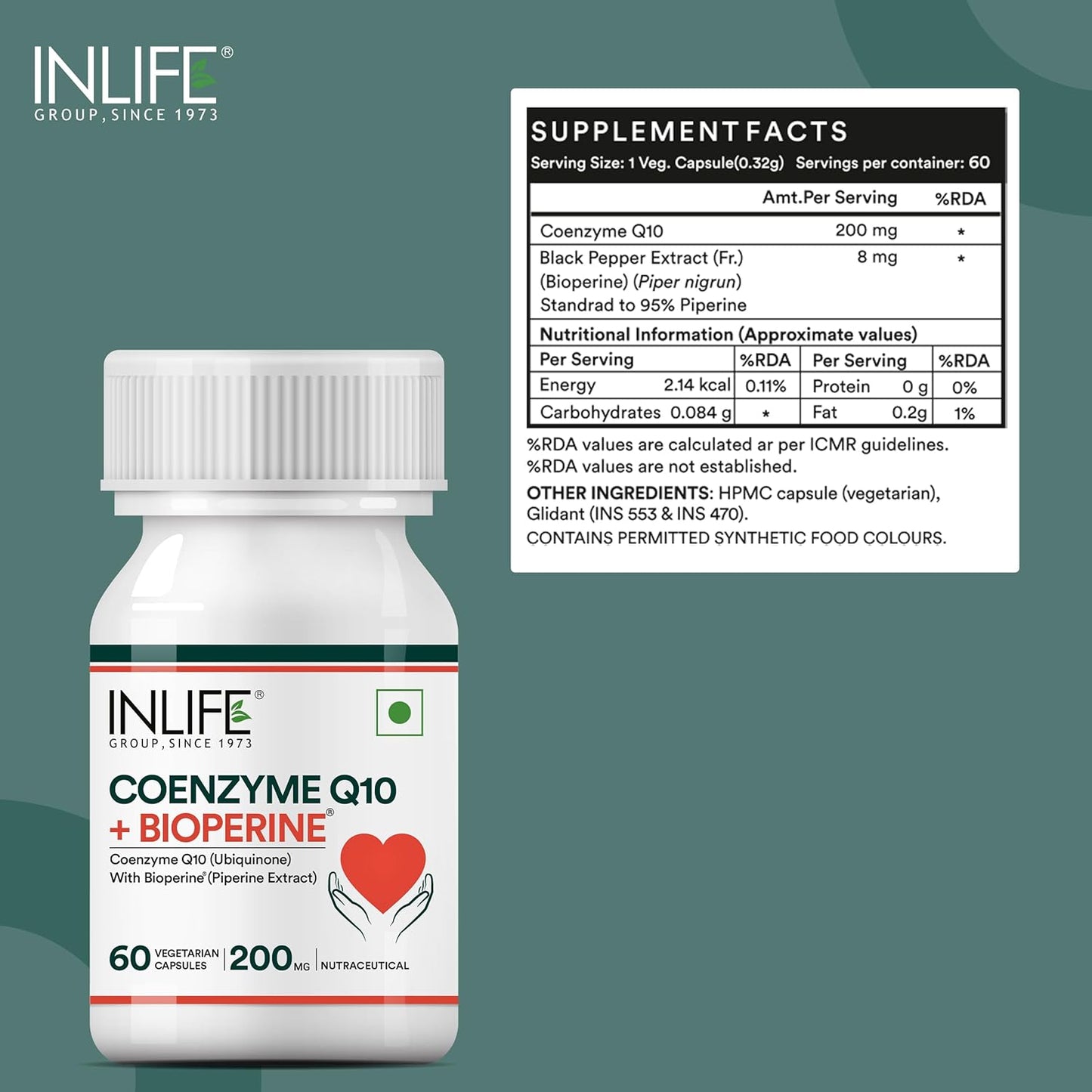 INLIFE Coenzyme Q10 (COQ10) -200mg with Bioperine 8mg Supplement|supports High Absorption|(Pack of 1) - 60 Vegetarian Capsules.