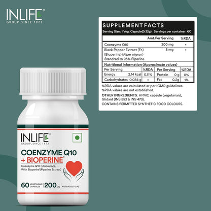 INLIFE Coenzyme Q10 (COQ10) -200mg with Bioperine 8mg Supplement|supports High Absorption|(Pack of 1) - 60 Vegetarian Capsules.
