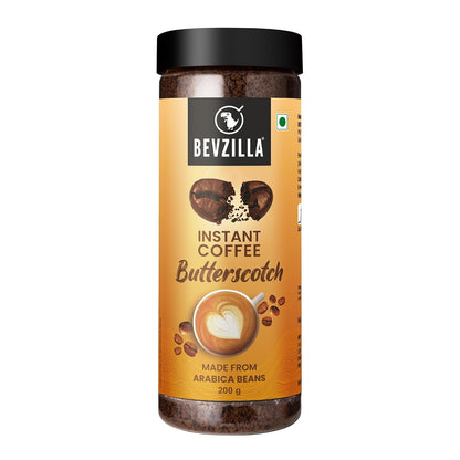 Bevzilla Butterscotch Flavoured Instant Coffee Powder - 200g | Arabica Beans | Best For Espresso, Latte & Cappucino | Hot & Cold Coffee | Intense, Bold And Strong Flavour