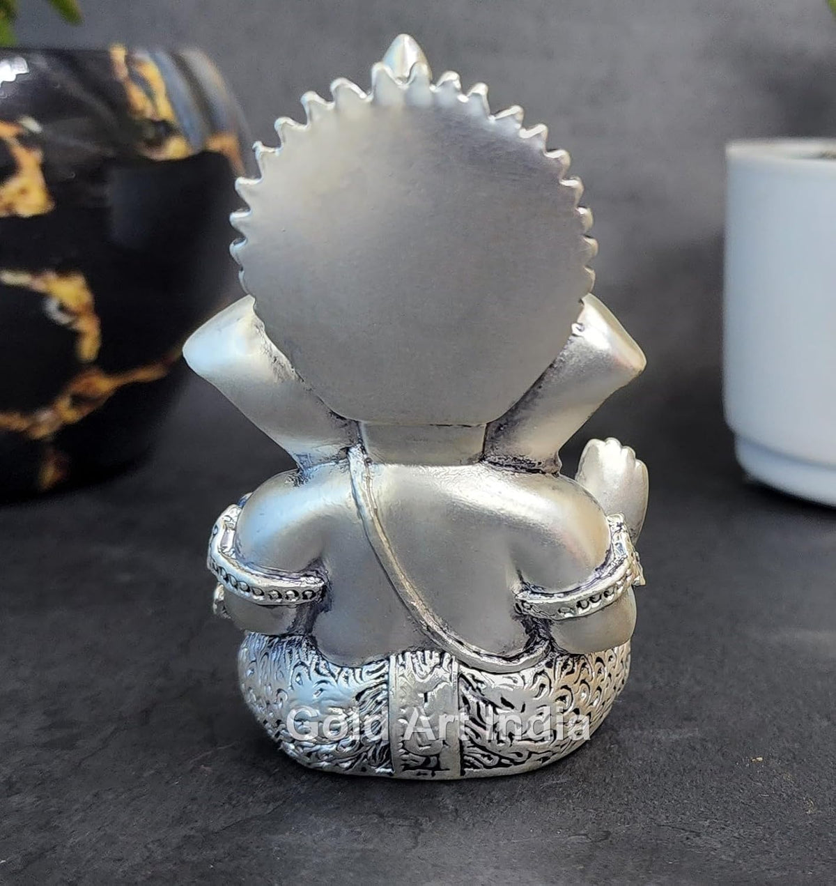 Gold Art India Silver Plated Antique Mukut Ganesha, Versatile Decor for Car Dashboard, Office, Home, and Puja, Ideal Gift for Celebrations (MUKUTSILVERBLACKANTIQUE 3.5")
