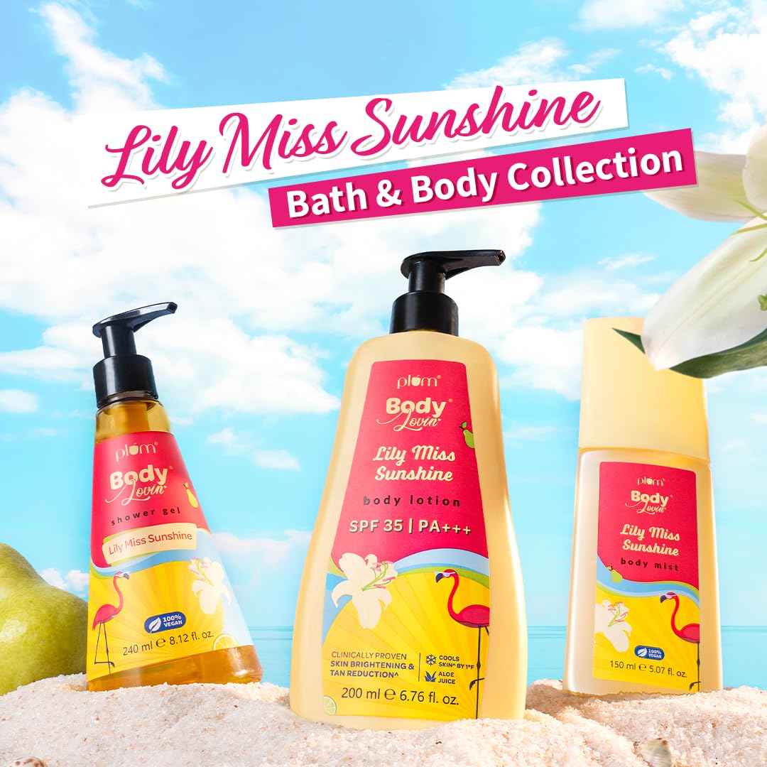 Plum BodyLovin' Lily Miss Sunshine Shower Gel | SLS Free Body Wash For Women | Long Lasting Fresh Fruity-Floral Fragrance | Aloe-Infused Nourishing Body Cleanser For Soft & Smooth Skin | 240ml