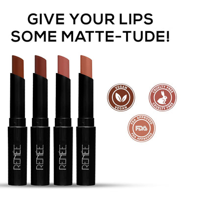 RENEE Very Matte Pack of 4 Matte Lipsticks - Nudes, Intense Color Pay Off, Full Coverage, Long Lasting & Weightless, Easy Glide Formula With Velvety Finish, Suitable for All Occasion & Gifting