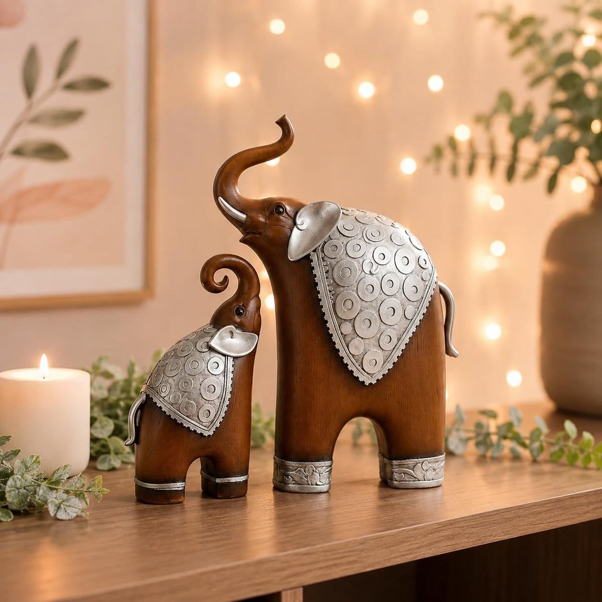 Thai Style Elephant Figurines Mother & Child Elephant Fengshui Resin Sculptures for Home Decor Ornament - (Set of 2, Brown)
