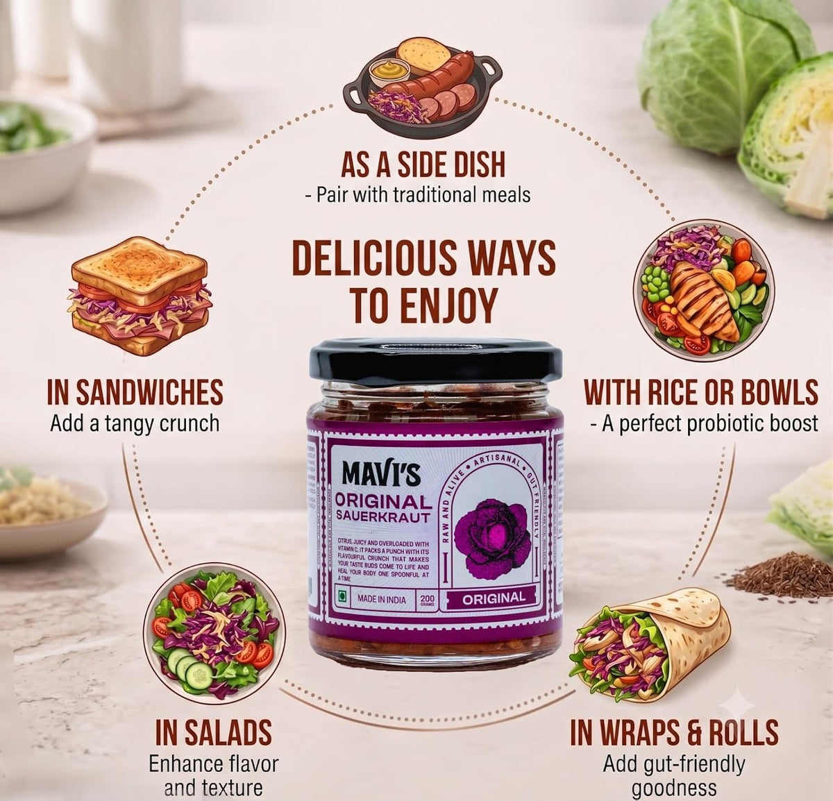 MAVI's Original Sauerkraut| Organic Cabbage & Ingredients| Gut friendly | 100% Natural & Vegan| No Preservatives | No Artificial Flavour or Colour | 200g (Pack of 1)