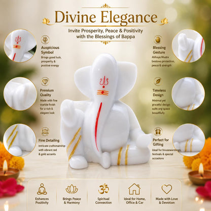 Bal Ganesha Idol for Car, Small Ganesh Murti for Car Dashboard, White Marble Ganpati Bappa Statue, Baby Ganesha Showpiece for Pooja Room, Home Decor, Living Room, Office Desk