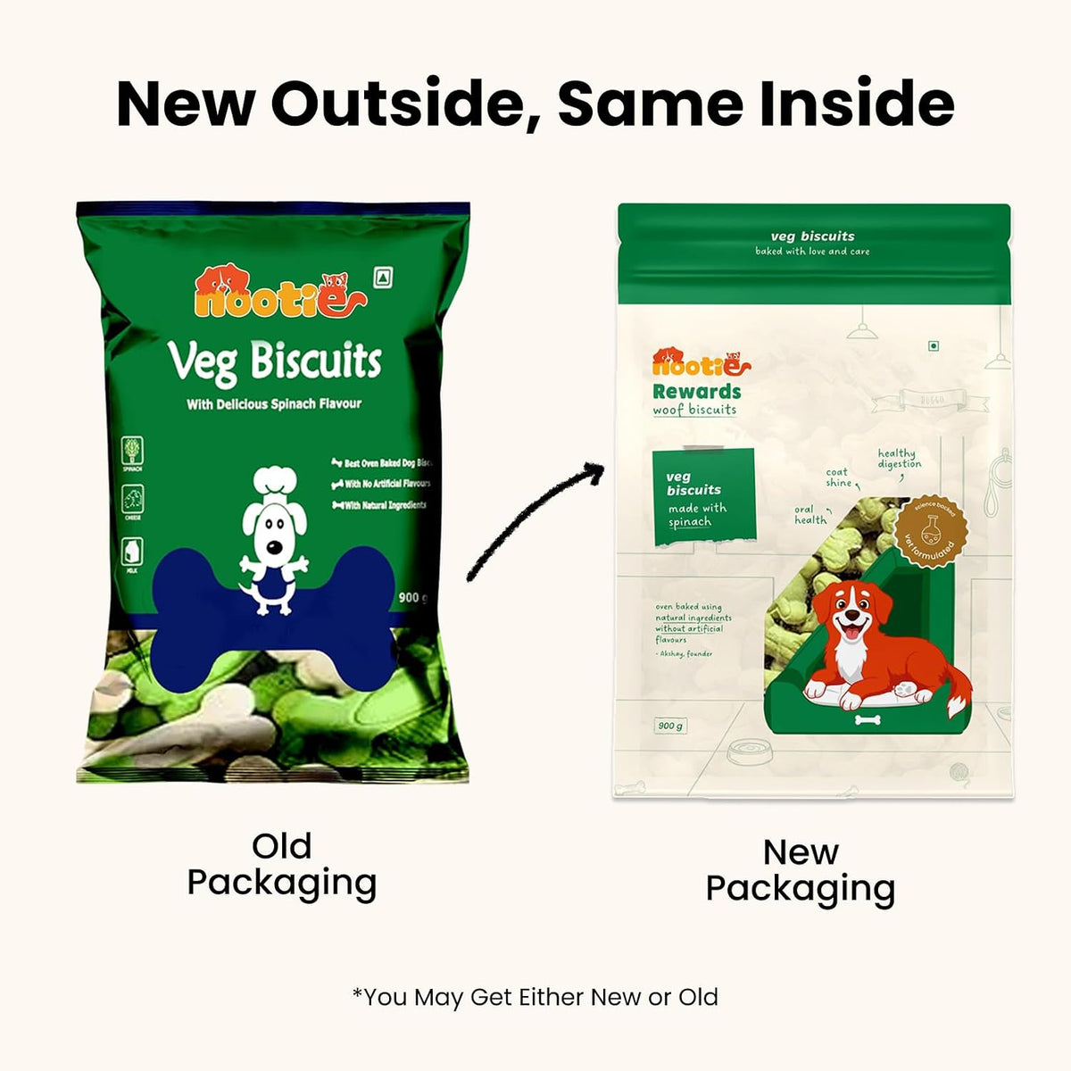 Nootie Veg Biscuits with Spinach Flavour for Adult Dogs - 900g | 100% Vegetarian, High-Fibre, Nutrient-Rich Treats (Pack of 1)