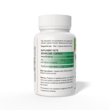 VITARUHE® Chelated Zinc Picolinate & Bisglycinate Complex with Copper, Zinc for Immune, Skin and Cellular Health, High Absorption, Non-GMO, 90 Capsules