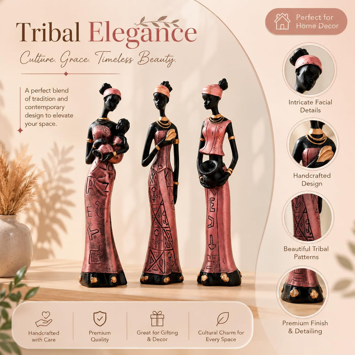 Home Decor African Tribal Women Art Piece (Set of 3, Rose Gold and Black Color)
