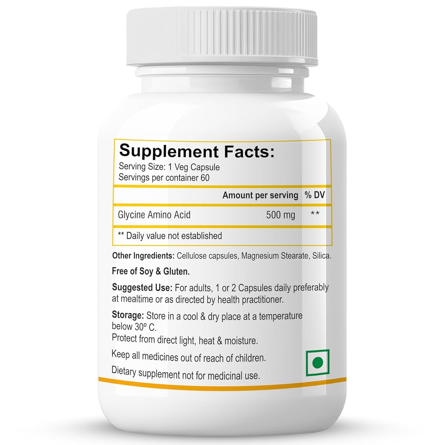 Biotrex Nutraceuticals Glycine Amino Acid 500mg | Support Muscle, Brain and Sleep Health | Better Immune System, Metabolic & Digestive Health | Lab Tested | 60 Veg Capsules