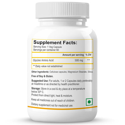 Biotrex Nutraceuticals Glycine Amino Acid 500mg | Support Muscle, Brain and Sleep Health | Better Immune System, Metabolic & Digestive Health | Lab Tested | 60 Veg Capsules