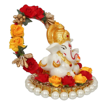 Resin Lord Ganesha Idol On Decorative Rose Flower Plate- Ganesha Idol for Home Decor Car Dashboard- Ganesha Statue- Ganesh Murti- Ganpati Murti God Statue Gift for Diwali Housewarming