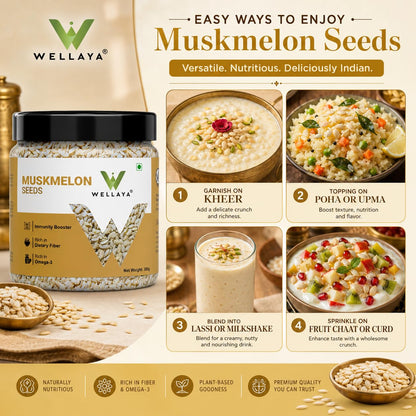 WELLAYA Muskmelon Seeds | Kharbooj Magaz Beej For Weight Loss | Healthy Diet Kharbuja Seeds | Rich in Omega-3, Antioxidants & Nutrients | Boosts Immunity, Energy & Digestion