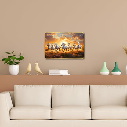 7 Running Horses MDF Wall Art 12x18 Inch | Golden Border Vastu Painting for Home & Office Décor | Modern Elegant Wall Hanging Frame for Living Room, Bedroom (Design 1)