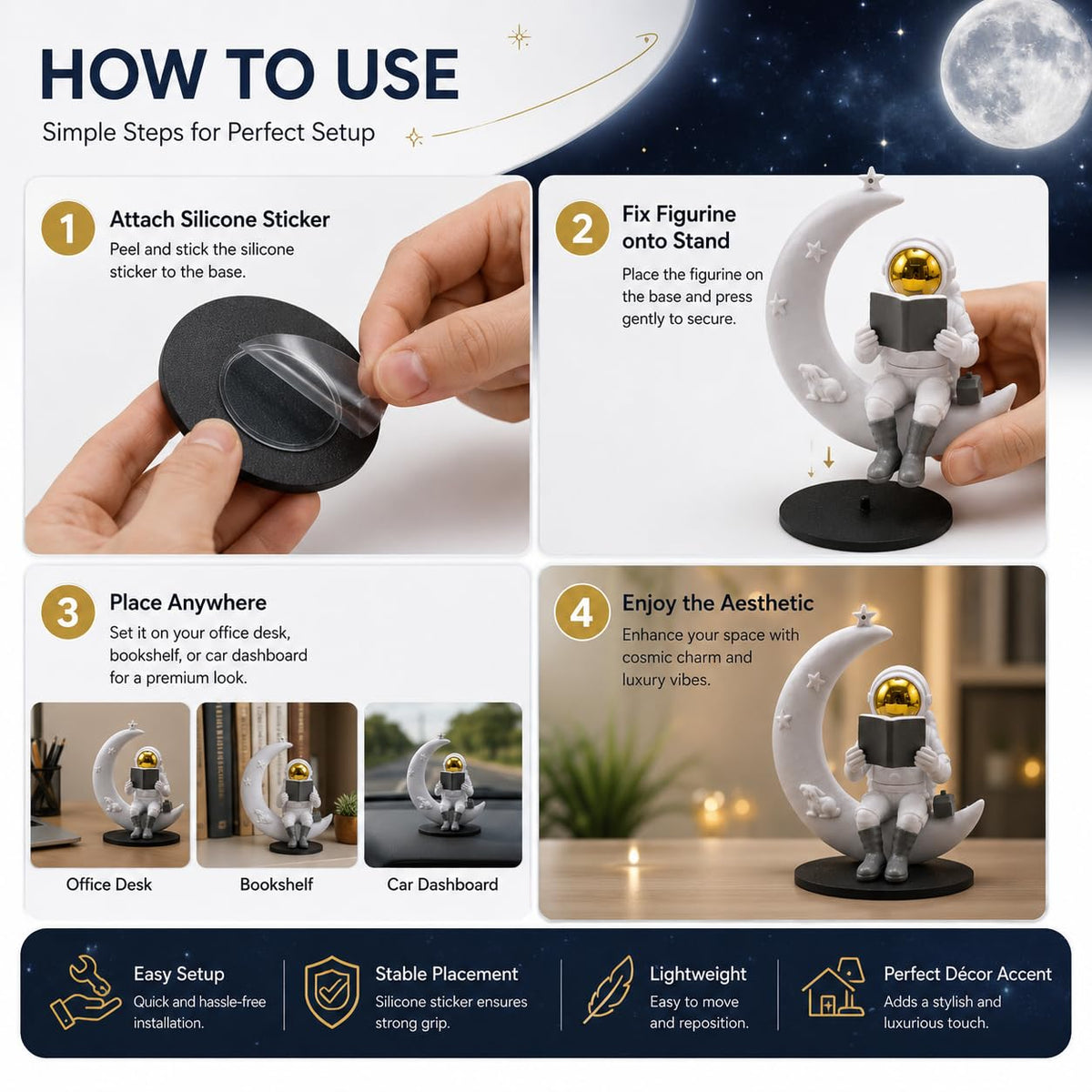 Astronaut Figurine Showpiece for Home Décor, Office Desk, Car Dashboard & Table Decoration | Space Astronaut Statue Collectible Gift for Home, Room & Workspace (Reading on Moon Golden)