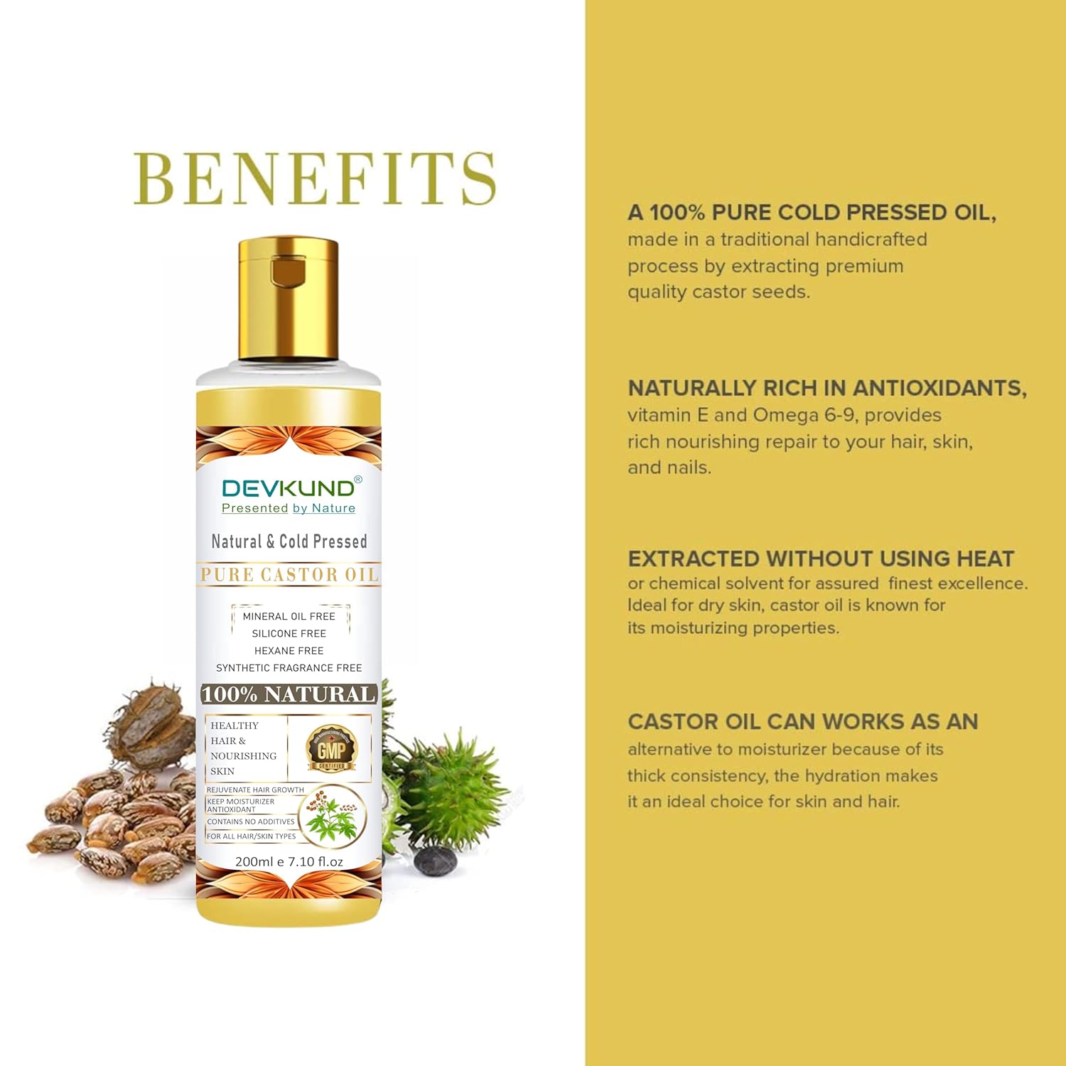 Devikund castor oil bottle with benefits text on a white and yellow background
