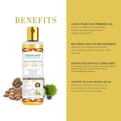 Devikund castor oil bottle with benefits text on a white and yellow background