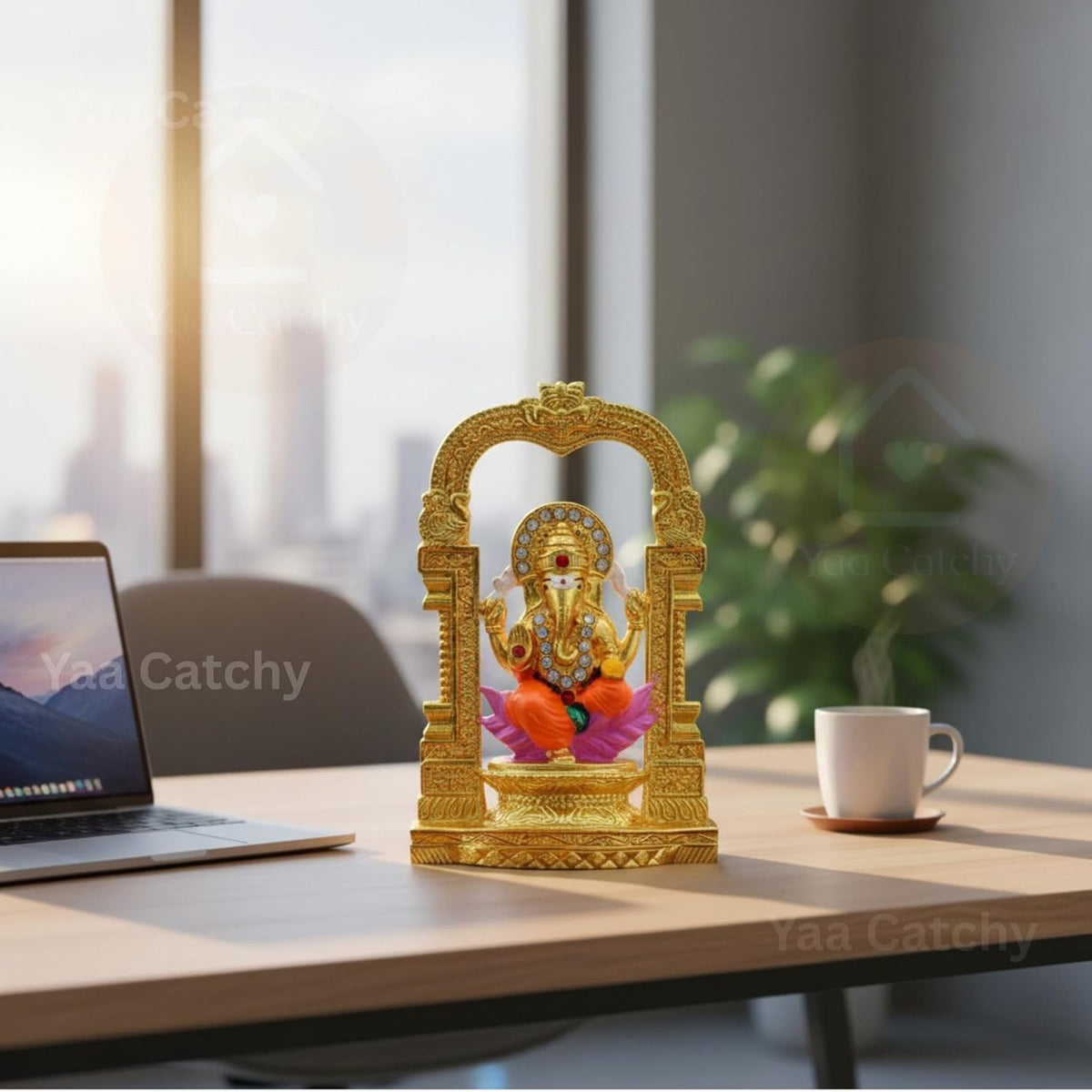 Yaa Catchy Shree Ganesh Car Dashboard Idol | Premium Golden Temple Arch Lord Ganesha Statue for Car, Home & Office Protection and Bless Travelers on Their Journeys.(Golden Arch Lord Ganesha)