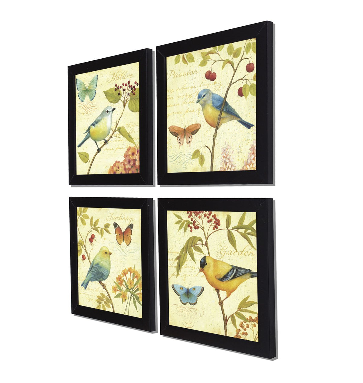 Jardin Bird Wall Art Painting For Living room, Birds botanical Framed painting, set of 4, 9x9 Inch