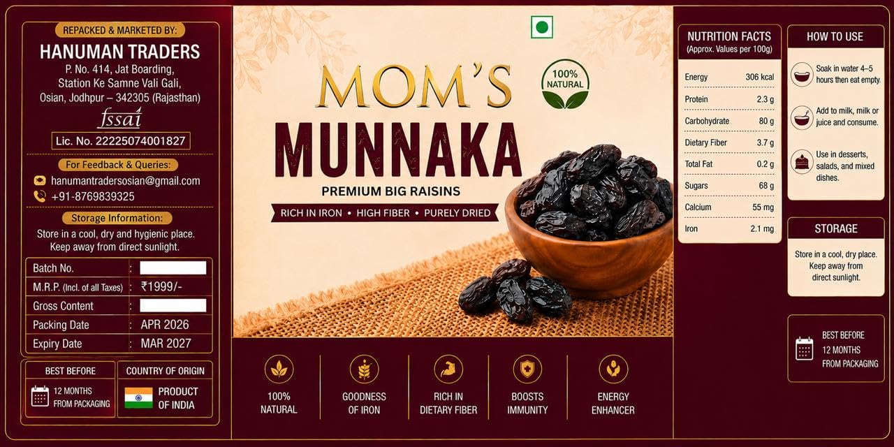 MOM'S BRAND Afghani Munakka Raisins, Premium Large Size, Natural Seeded Raisins, Rich in Iron, Healthy Dry Fruits for Kids and Adults