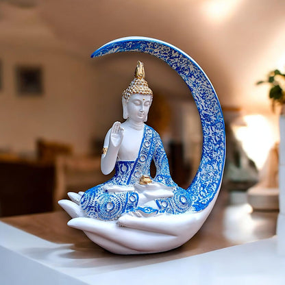 Blue & White Meditating Buddha Idol – Resin Showpiece with Moon & Lotus Hand Base for Home Decor, Office & Spiritual Gift
