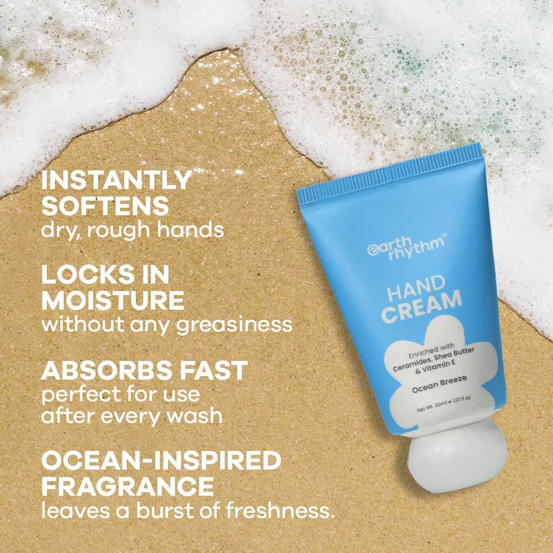 Earth Rhythm Softening Hand Cream, Locks Moisture with Ceramides, Fast Absorbing, No Silicones - Ocean Breeze