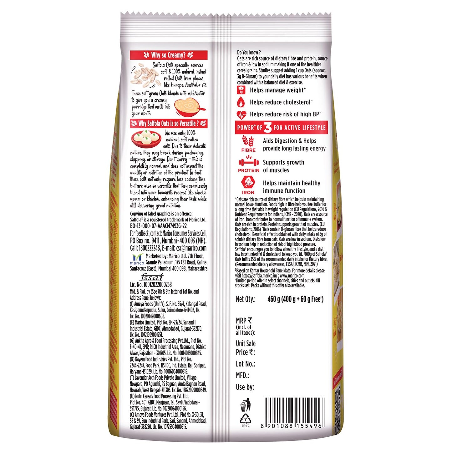 Saffola Oats, 13g High Protein, 10g High Fibre | Instant Rolled Oats | Soft and Creamy | Helps manage weight