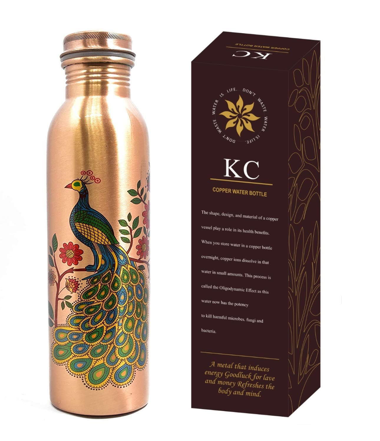 Copper water bottle with peacock design and packaging on a white background