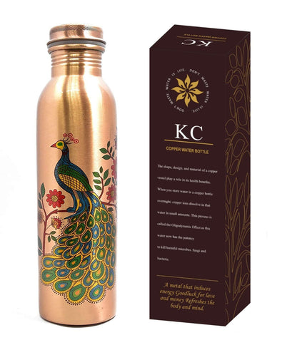 Copper water bottle with peacock design and packaging on a white background