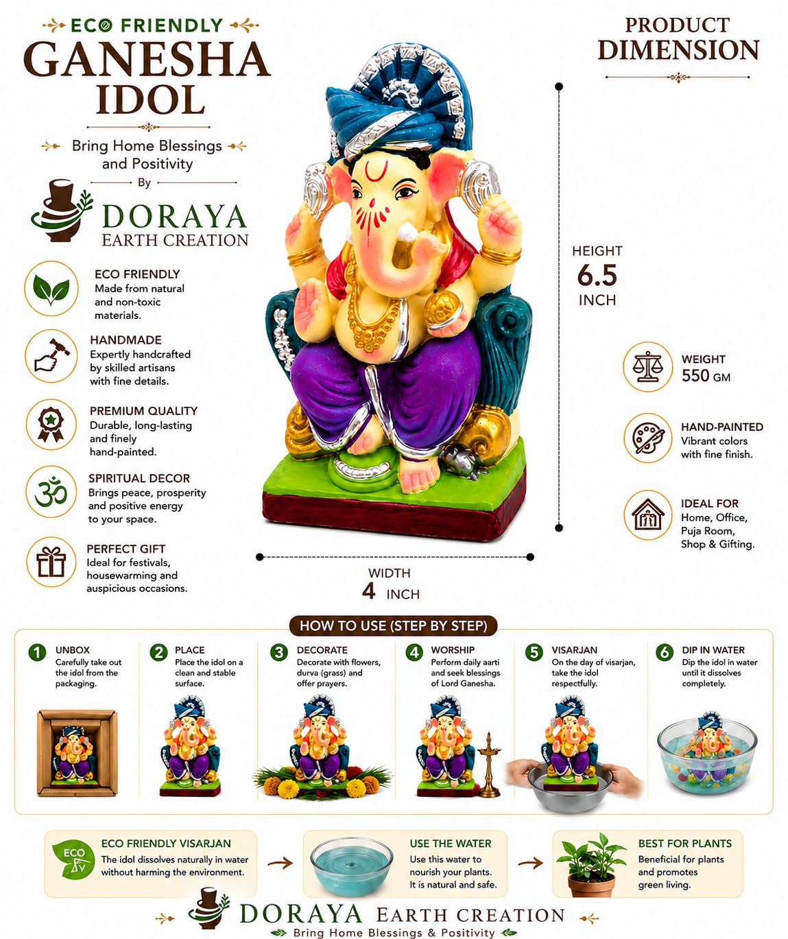 DORAYA EARTH CREATION Clay Ganpati Murti Handmade Eco-Friendly Multicolour Ganesh Idol for Home Temple, Ghar Pooja, Ganesh Chaturthi Decoration, Office Desk & Festive Gift | 6.5 Inch (6 INCH)