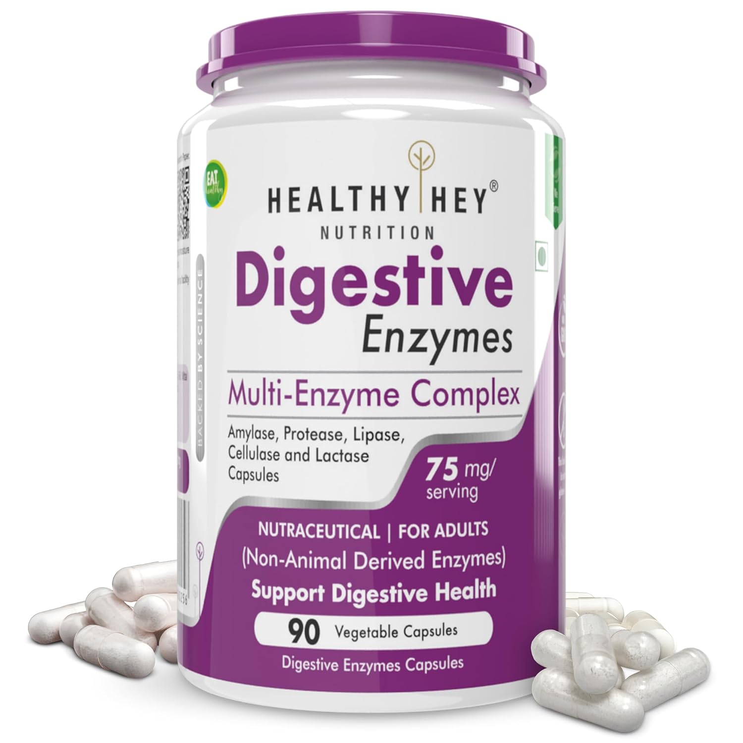 Healthy Hey Nutrition Digestive Enzymes Multi-Enzyme Complex bottle with purple cap and label on a white background.