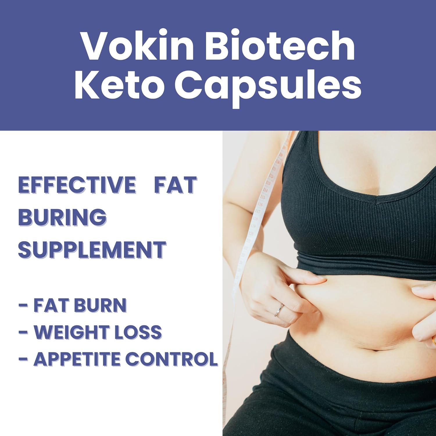 Advertisement for Vokin Biotech Keto Capsules showing a person measuring their waist with text about supplement benefits.