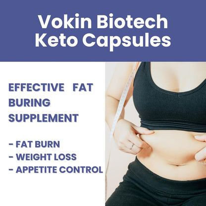 Advertisement for Vokin Biotech Keto Capsules showing a person measuring their waist with text about supplement benefits.