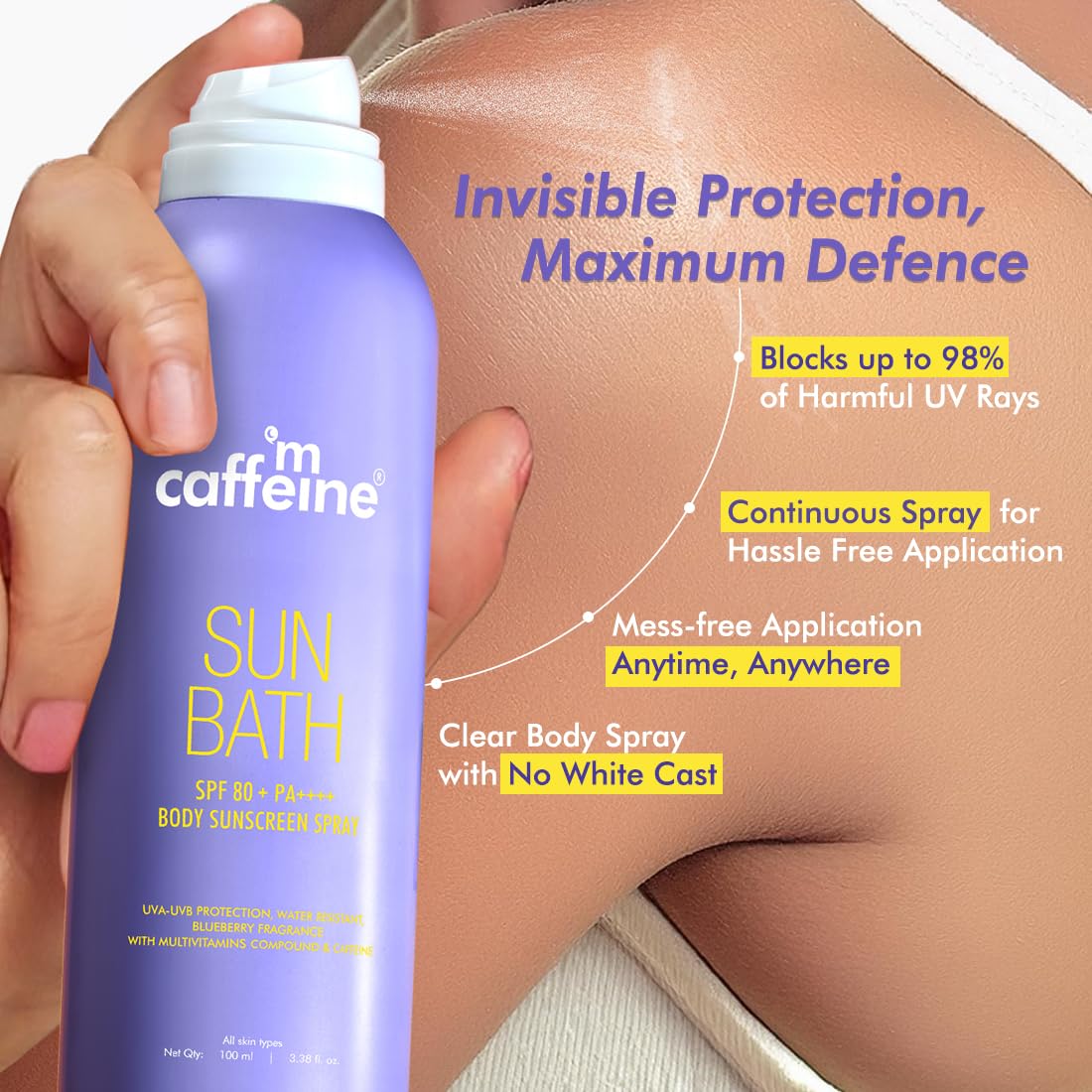 Caffeine Sun Bath sunscreen spray bottle with text highlighting features on a blurred background