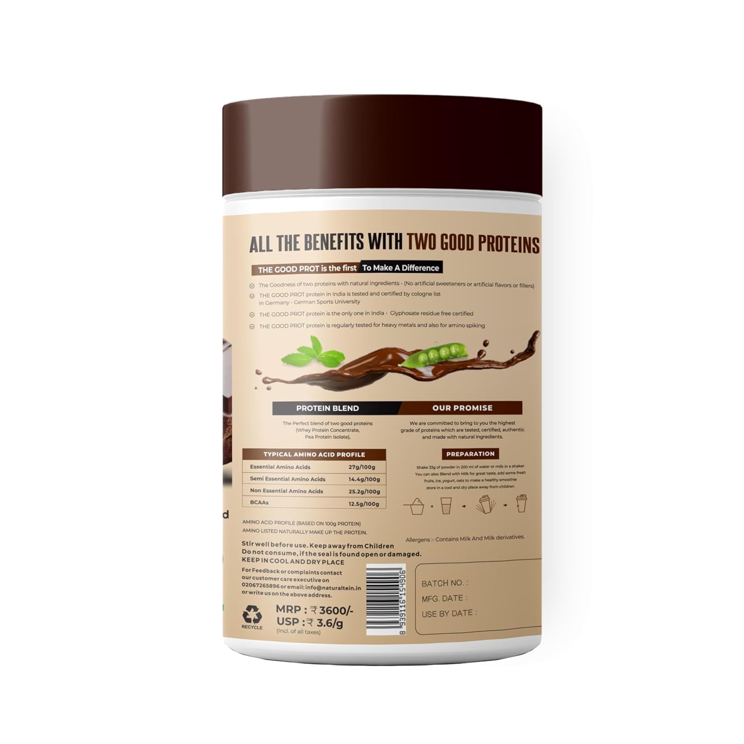 Protein powder container with label on a white background