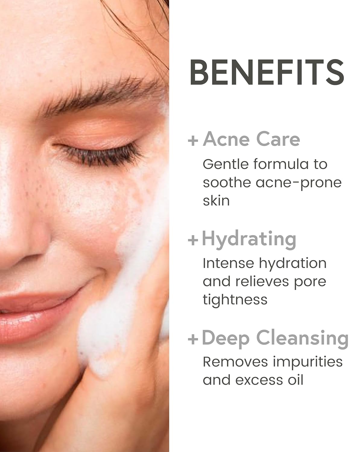 Person applying skincare product with text on benefits of the product