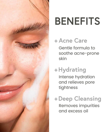 Person applying skincare product with text on benefits of the product