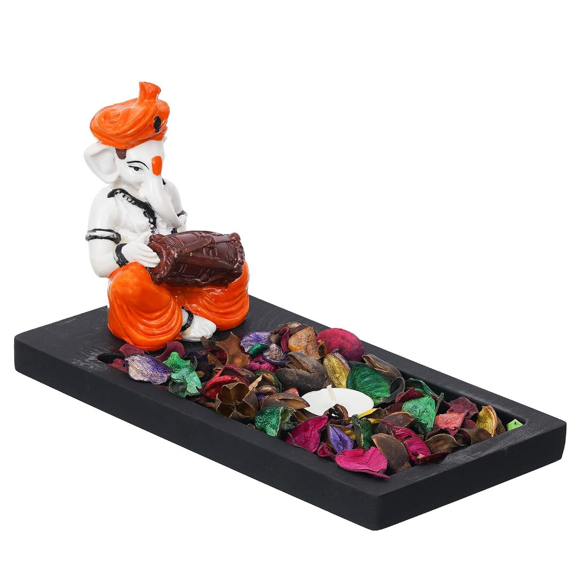 Orange White Resin Lord Ganesha Statue Playing Dholak Showpiece Potpourri Rectangle Tea Light Candle Holder|Ganpati Murti Tea Light Holder Diwali Decoration Item for Home Decor|Diwali Gift