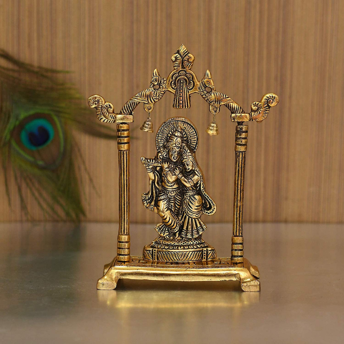 Metal Lord Krishna Swing Statue with Antique Gold Finish & Bells - Spiritual Krishna Idol for Home Décor, Mandir Decoration, 6-Inch Brass Religious Sculpture