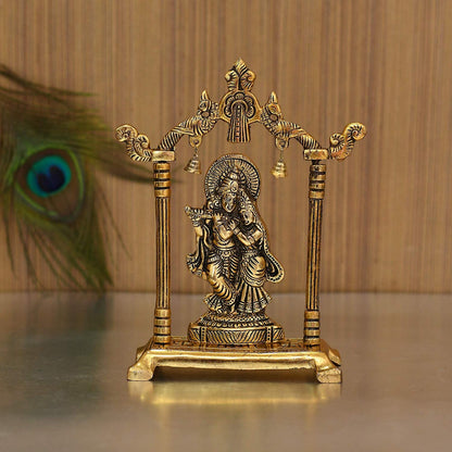 Metal Lord Krishna Swing Statue with Antique Gold Finish & Bells - Spiritual Krishna Idol for Home Décor, Mandir Decoration, 6-Inch Brass Religious Sculpture