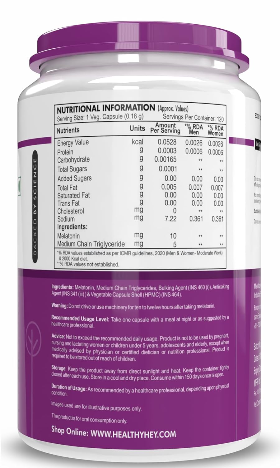 HealthyHey Nutrition Melatonin 10mg, Pack of 120 vegetable capsules - Promotes Sleep and Relaxation (10mg)