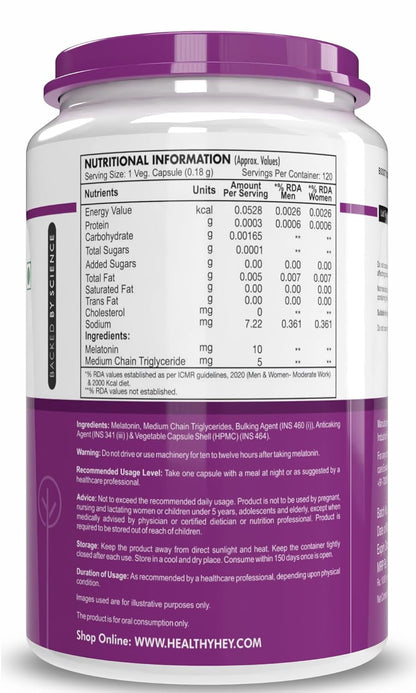 HealthyHey Nutrition Melatonin 10mg, Pack of 120 vegetable capsules - Promotes Sleep and Relaxation (10mg)