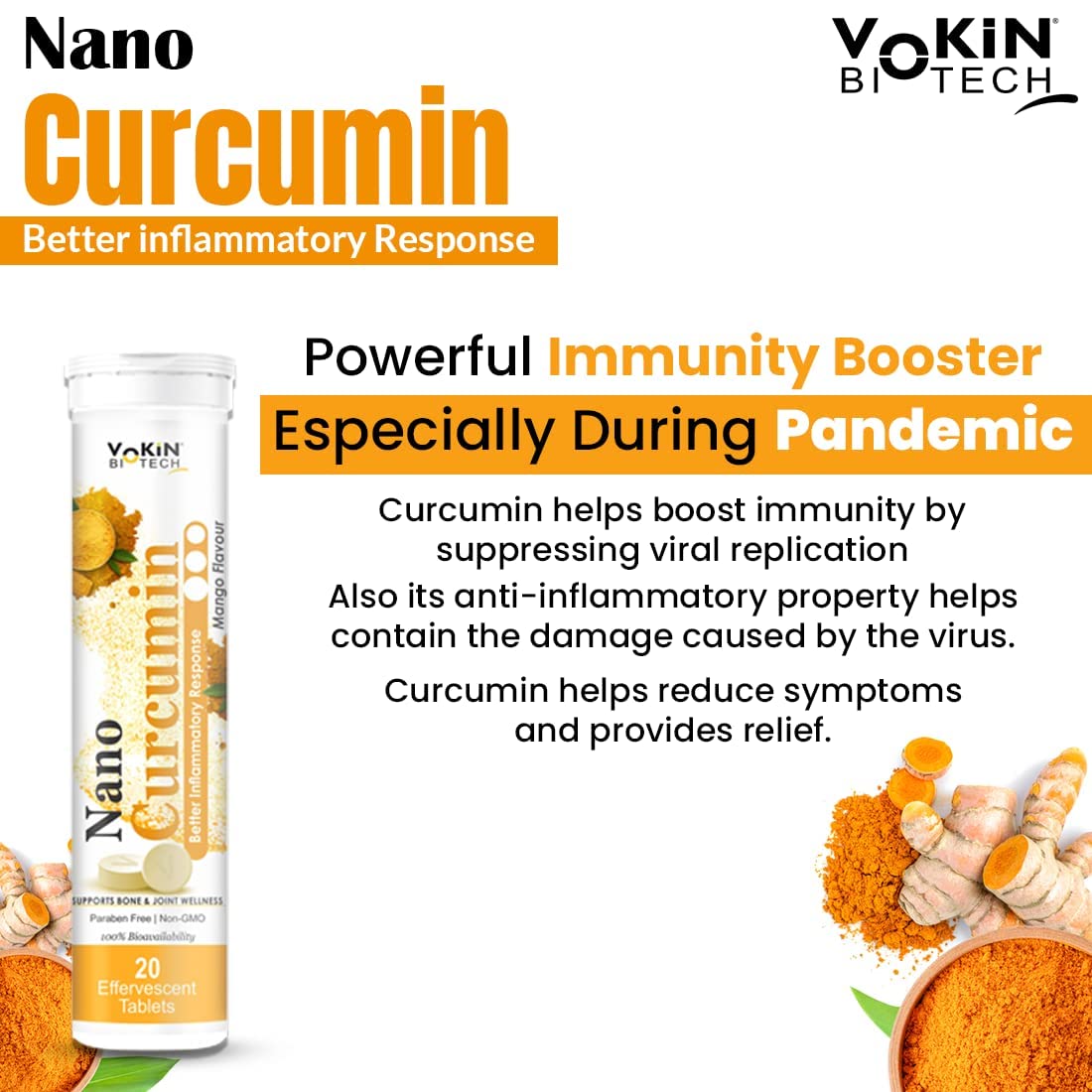 Vakin Biotech Nano Curcumin supplement bottle with text about immune support during a pandemic.