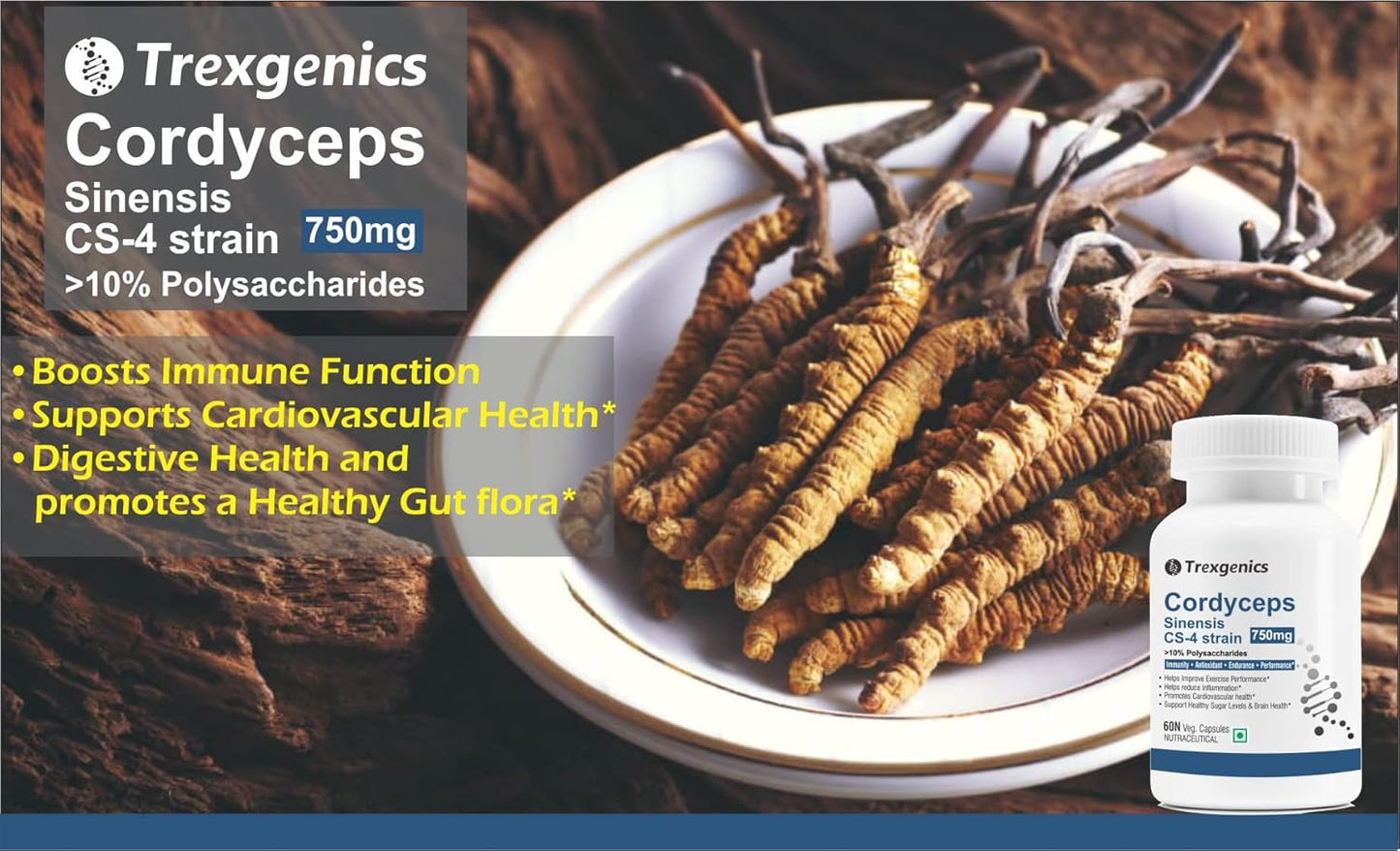 Trexegenics Cordyceps Sinensis CS-4 strain supplement with dried cordyceps on a plate.