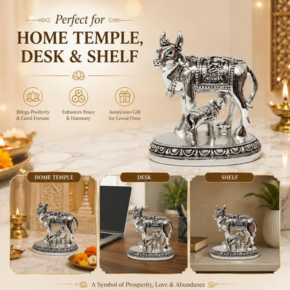 Gold Art India Kamdhenu Cow and Calf Idol | Silver Finish Decorative Murti | 7.62 cm x 7.62 cm | Sacred Gau MATA Statue for Home Temple & Gift